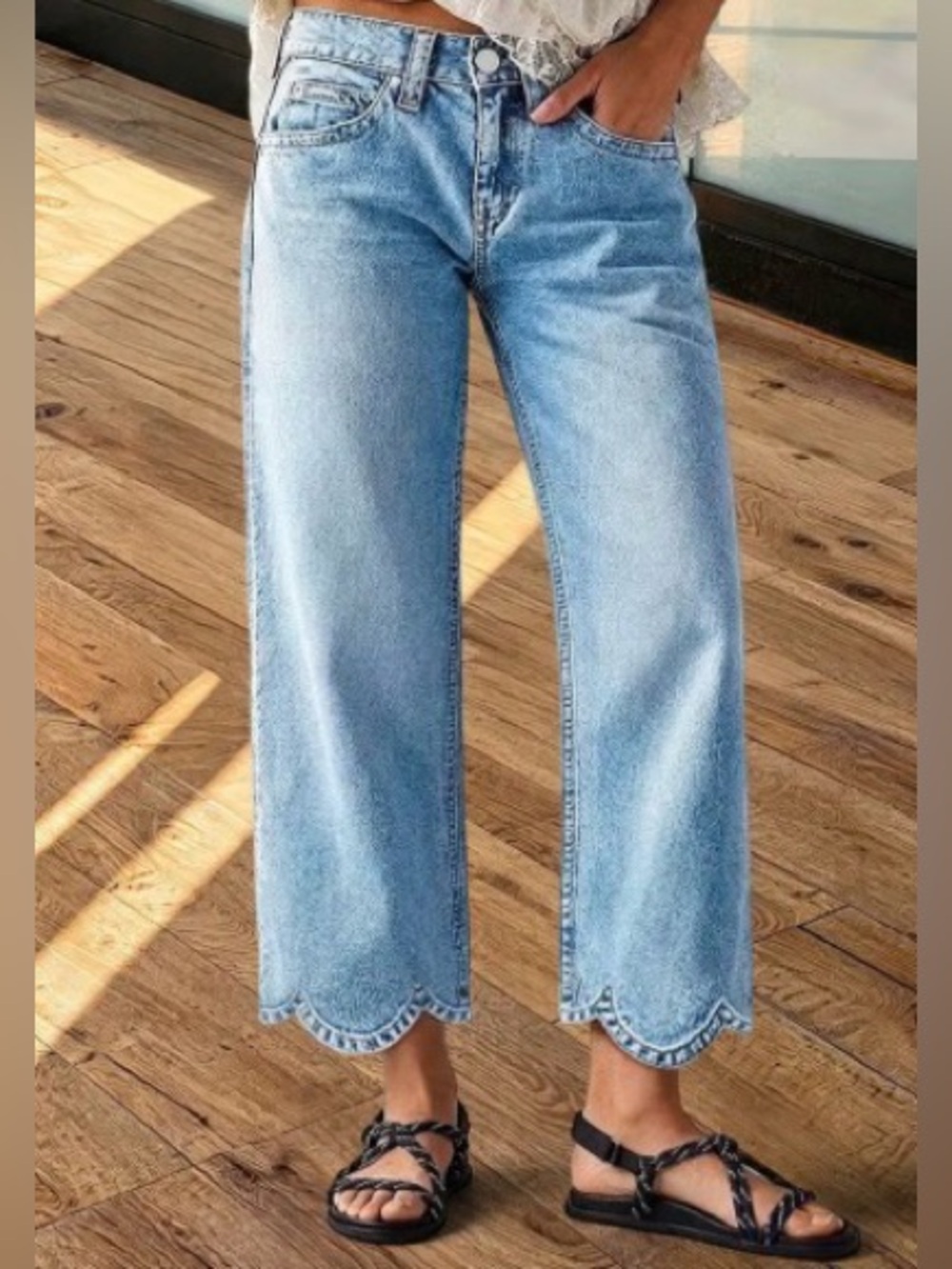 Flamingals Wash Scallop Hem Mid Waist Straight Leg Crop Jeans